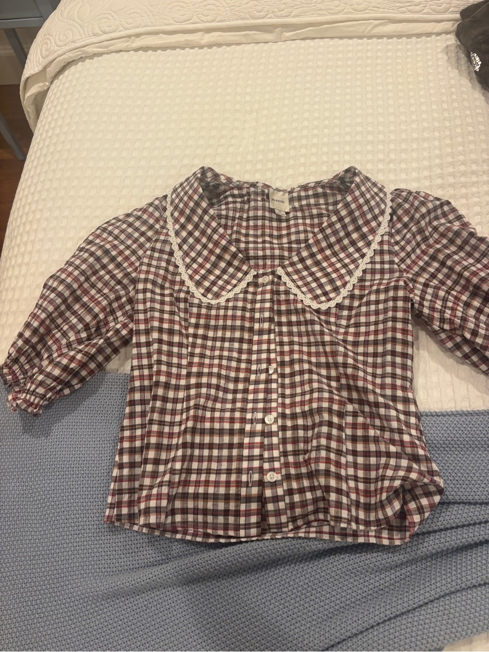 Maeve Girls Burgundy, Navy & White Plaid Peter Pan Collar Top